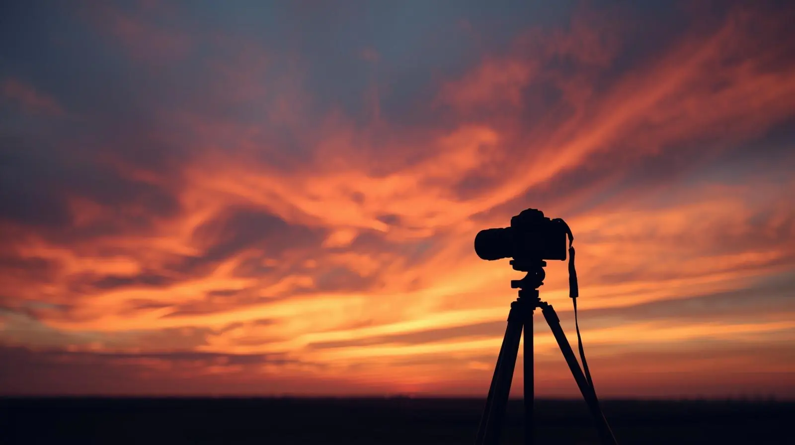 A visually inspiring, minimalist image of a camera and tripod silhouetted against a dramatic sunrise or sunset