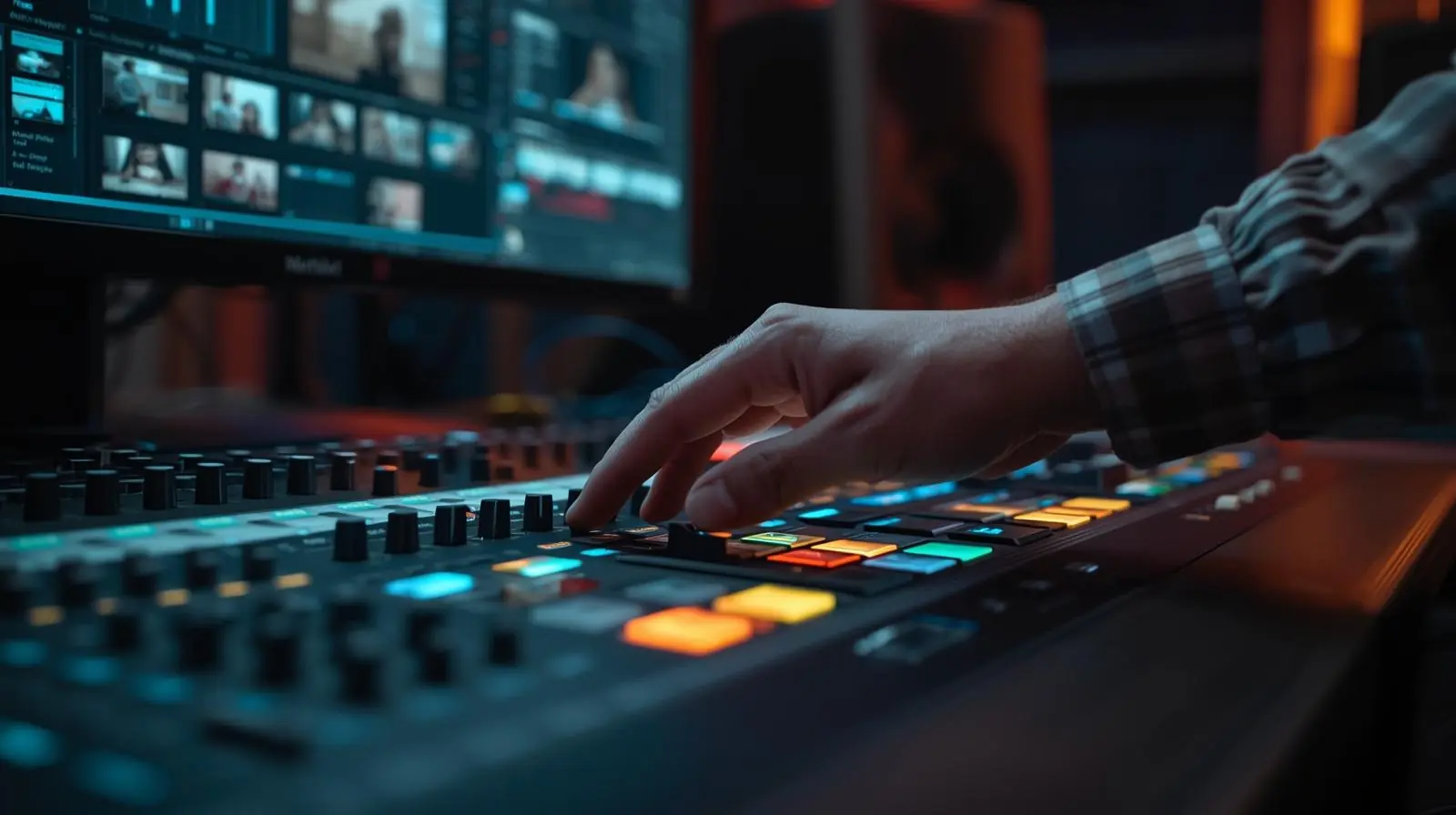 Hands editing video clips or adjusting colour wheels on a control surface