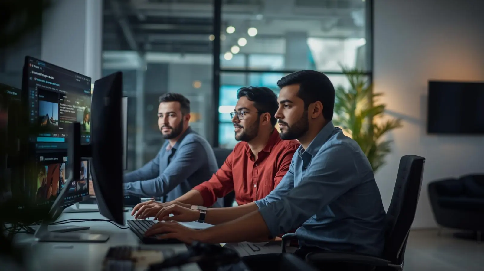 A small creative team collaborating in a modern studio, screens showing timelines or project previews