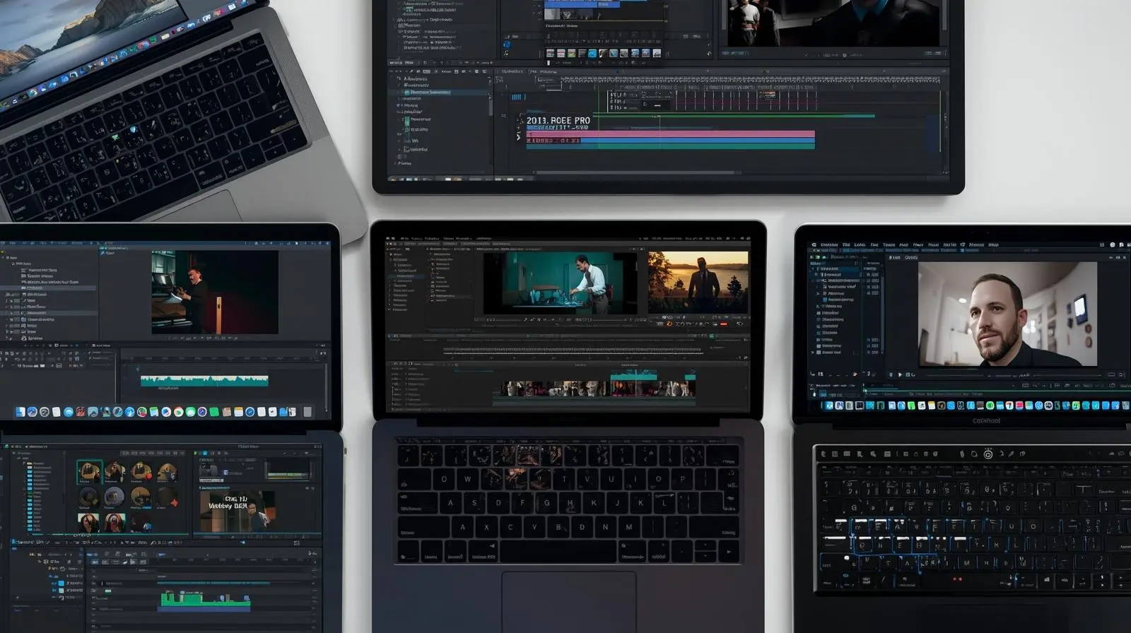 A clean flat-lay or collage-style photo showing laptop screens displaying interfaces of Adobe Premiere Pro