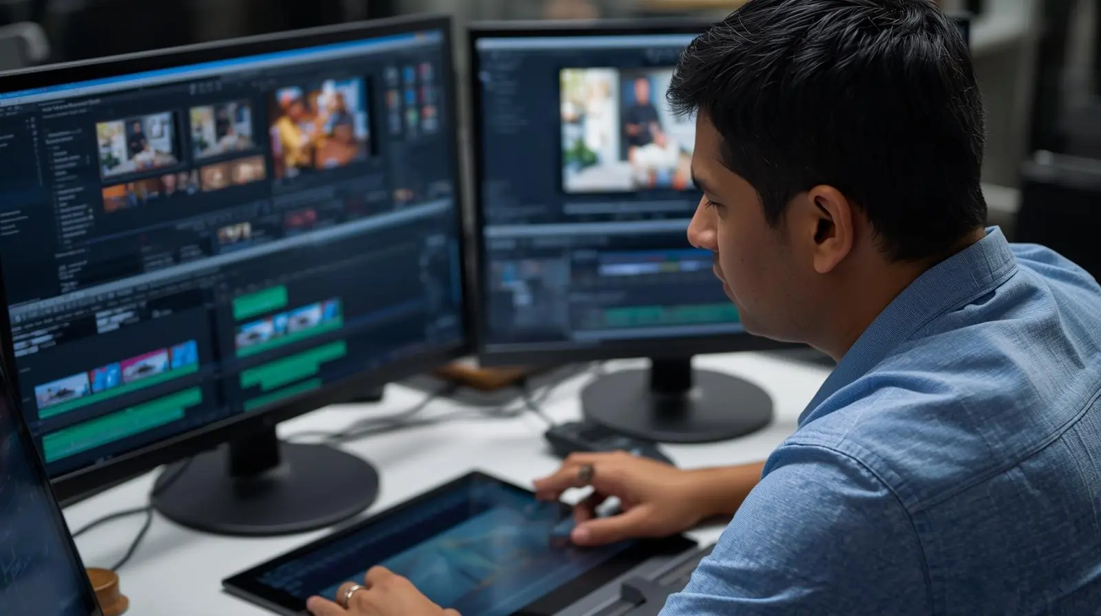 A person comparing editing software on two screens, or using a stylus tablet while reviewing video edits