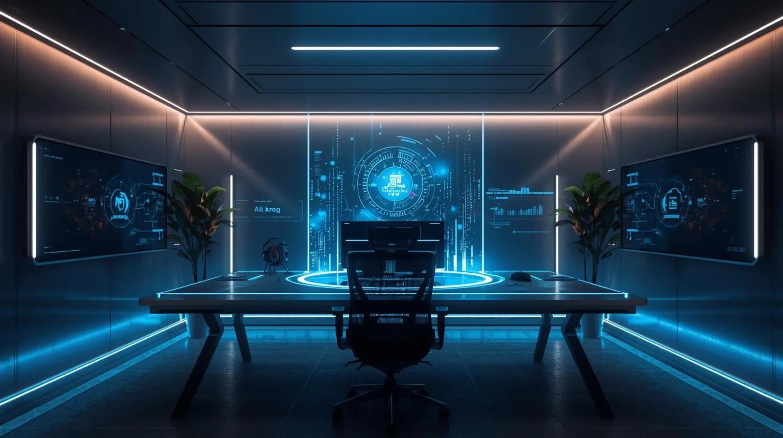 Futuristic workspace or creative environment with AI visuals