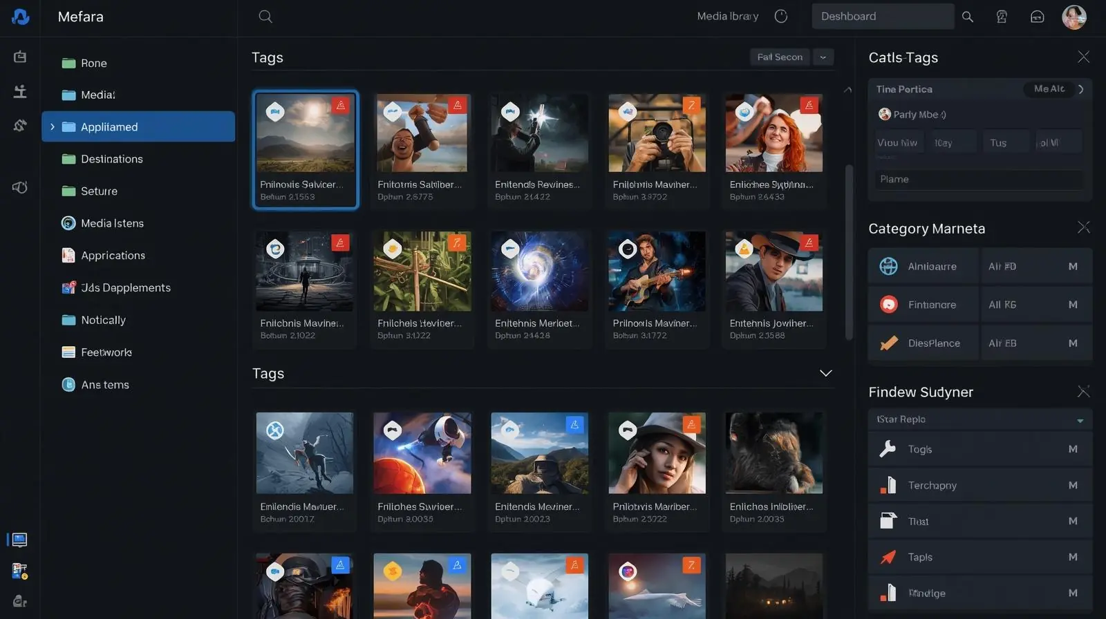 Digital media library dashboard, folders, thumbnails, tags, and metadata fields visible