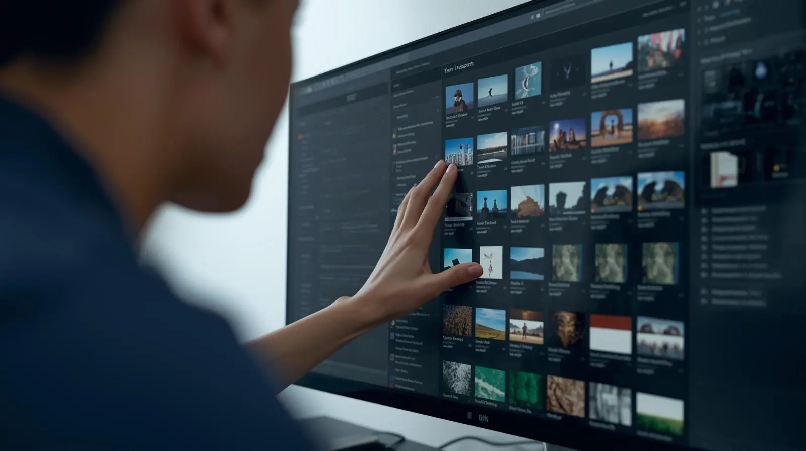 A minimalist, close-up image of a creative professional tagging or cataloguing media files on a large screen
