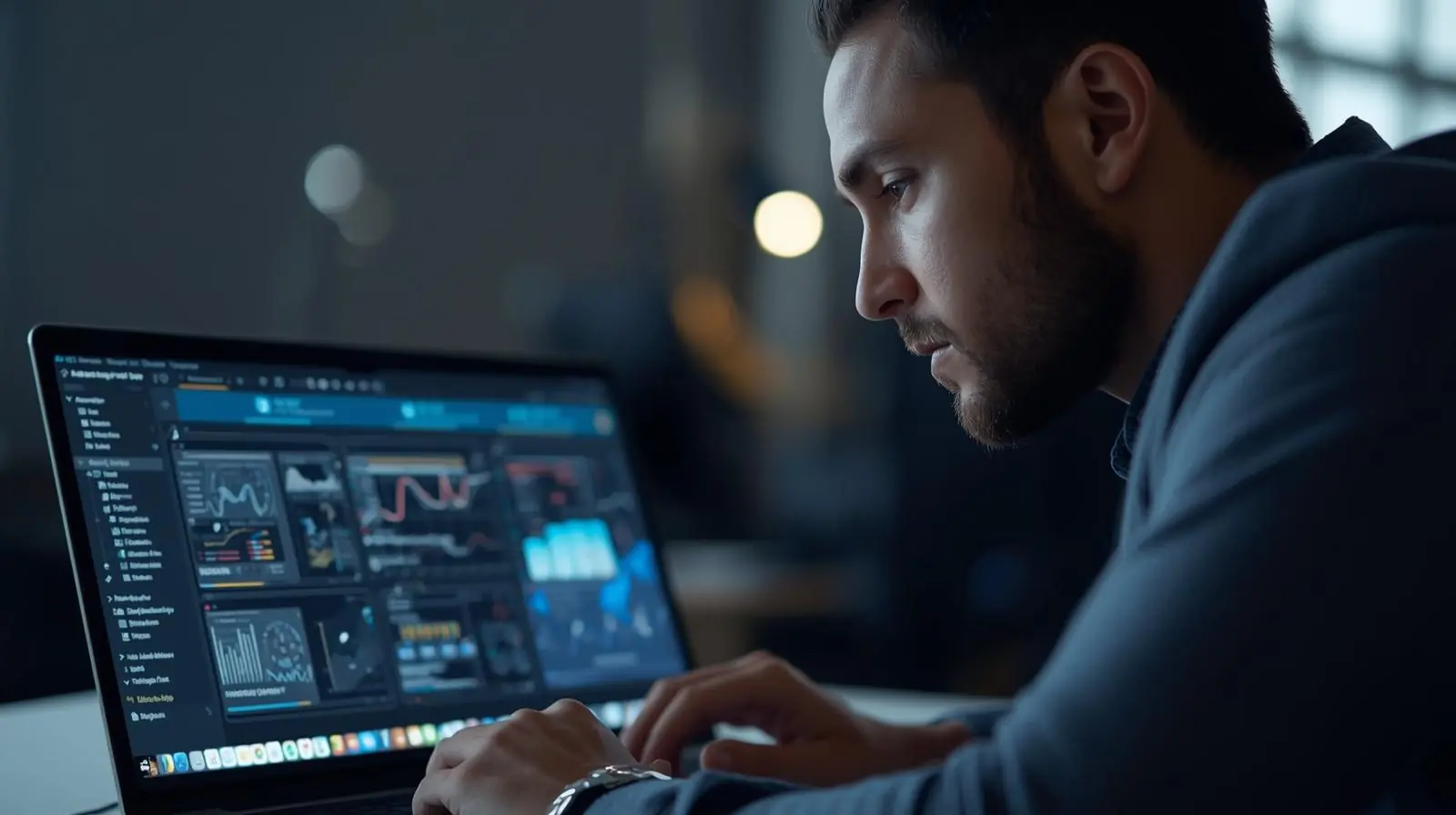 Professional evaluating software options on a laptop screen with multiple tabs or UI mockups visible