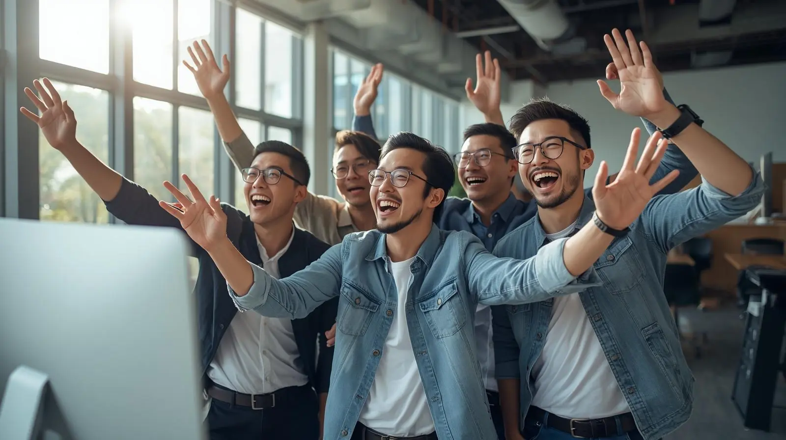 A clean, uplifting image of a creative team celebrating or reviewing successfully completed media content