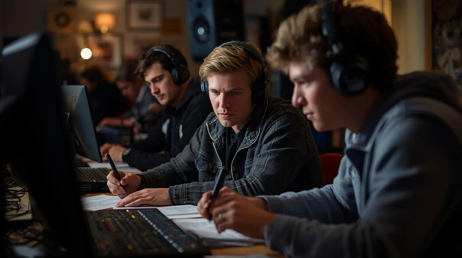 Students working on production, editing audio or preparing scripts