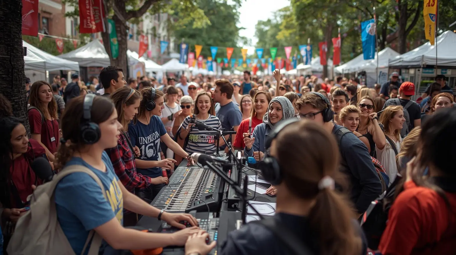 A live on-campus broadcast event or student radio booth at a university festival