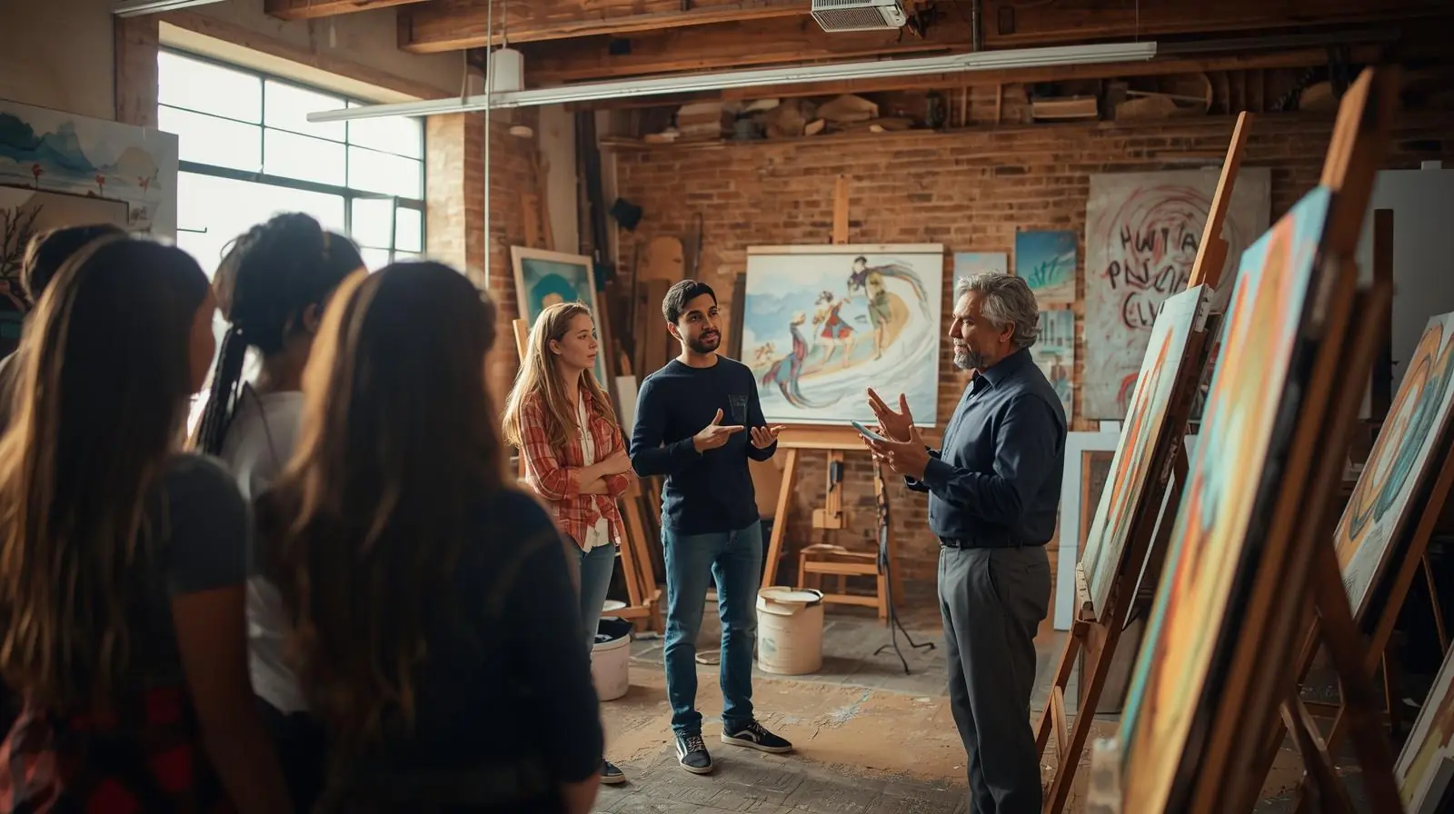 Students interviewing a local artist, professor, or community leader in the studio