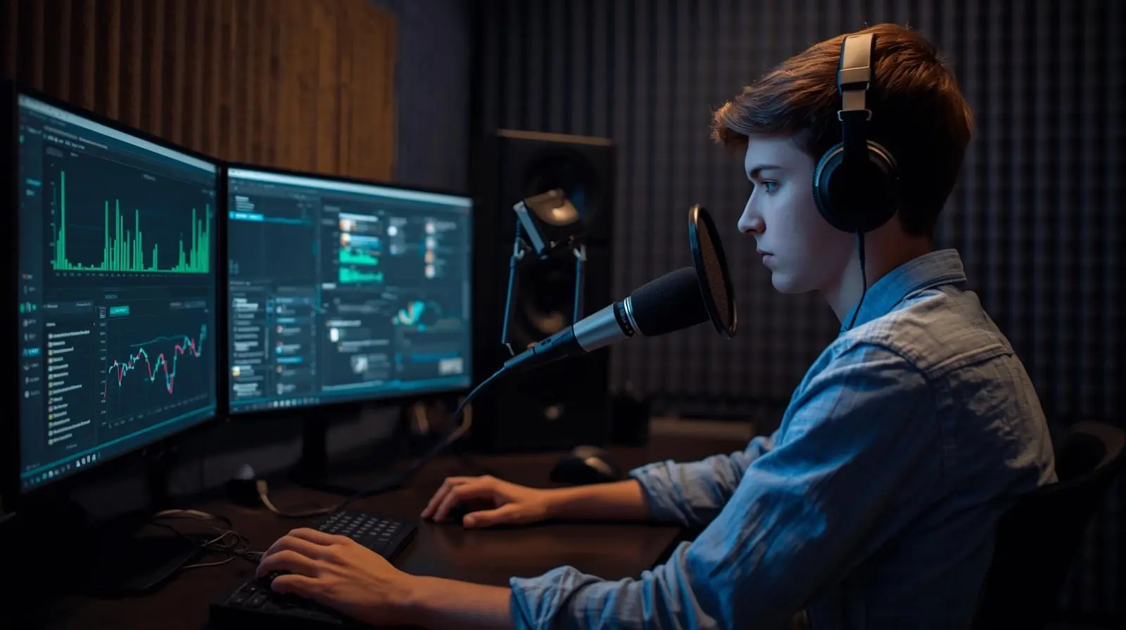 A student managing an online streaming dashboard or recording a podcast
