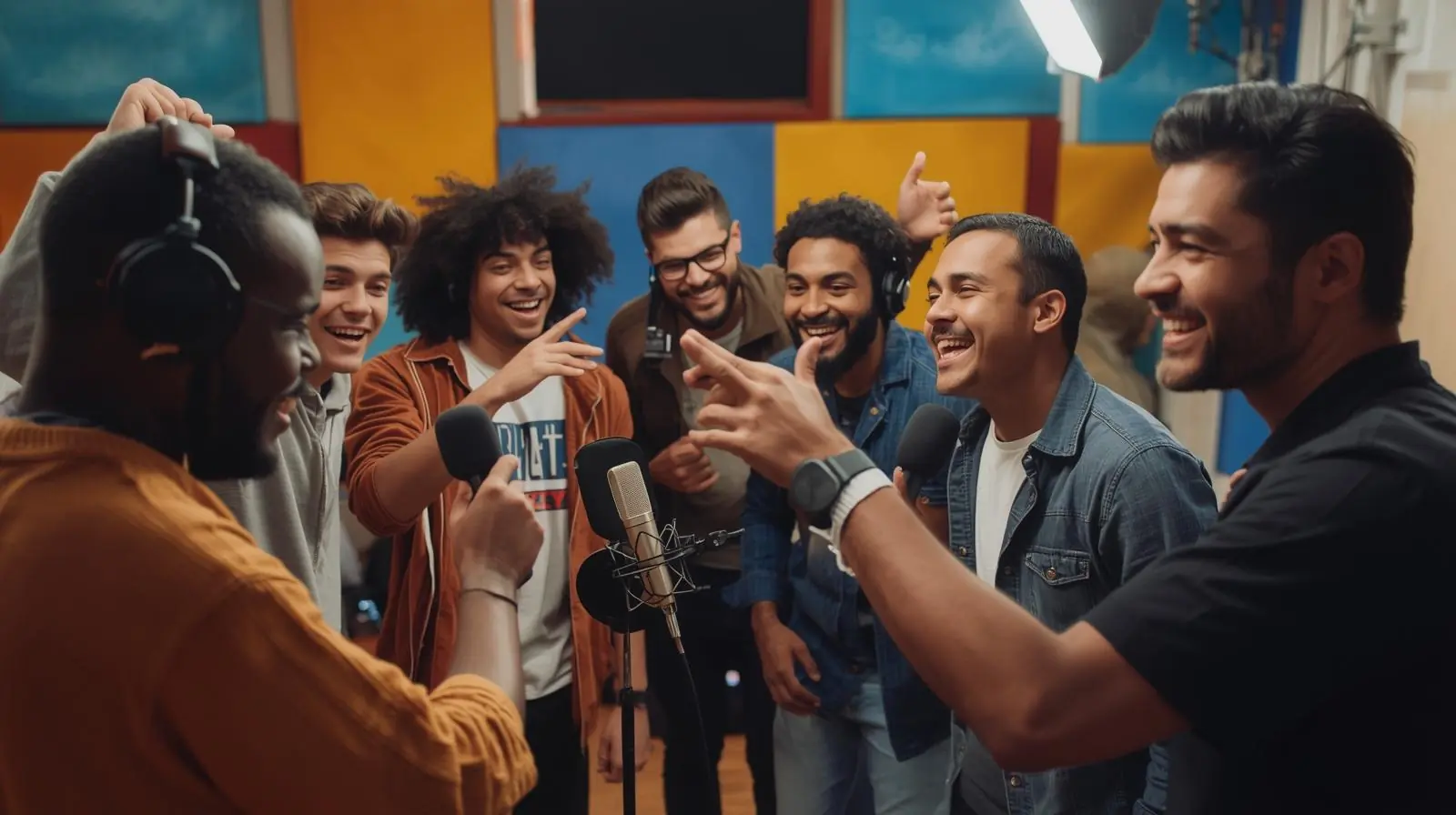 A friendly group of diverse male students in a studio brainstorming or recording a group segment