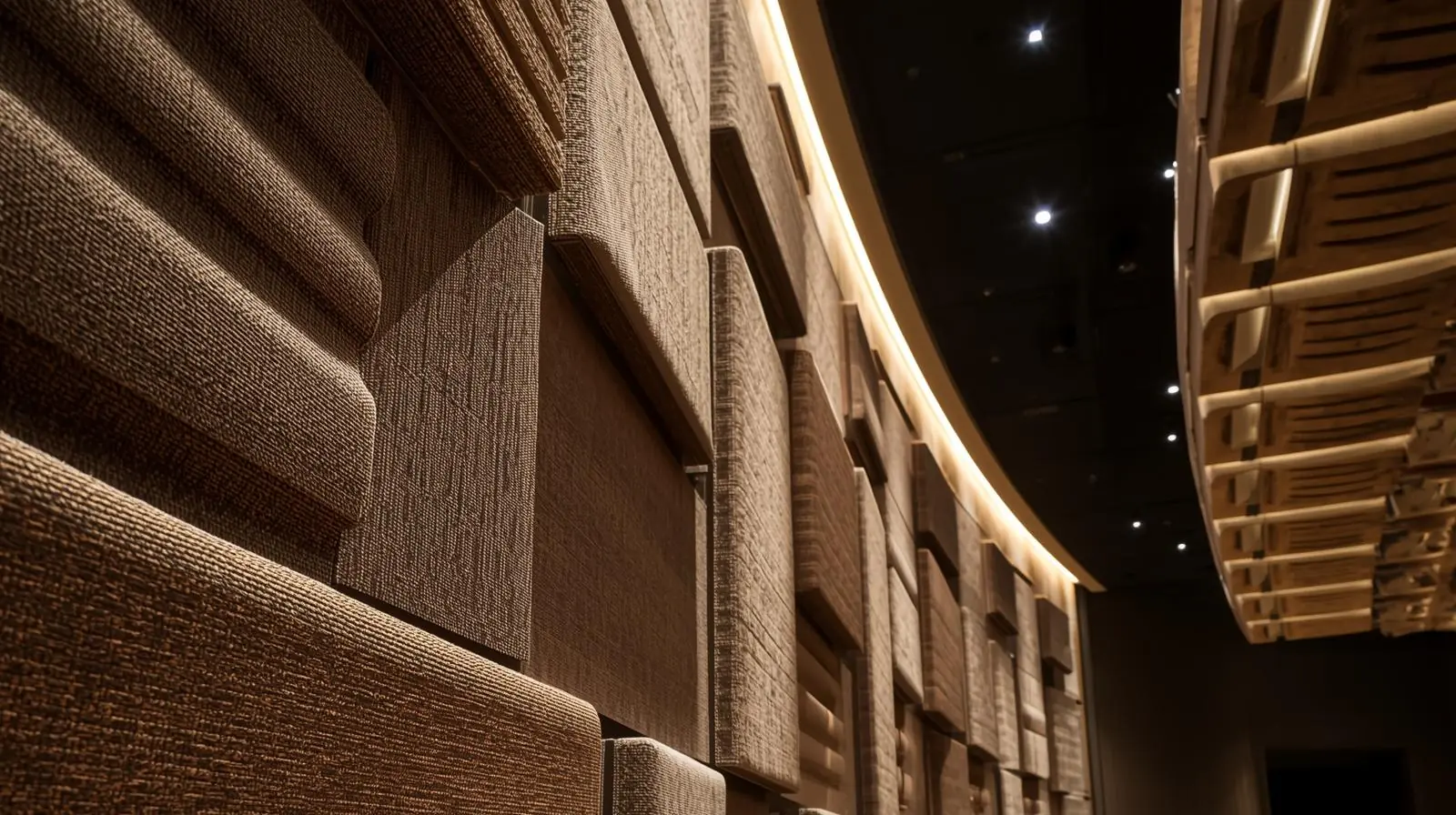 Close-up or side view of acoustic wall panels or ceiling baffles installed in an auditorium or lecture hall
