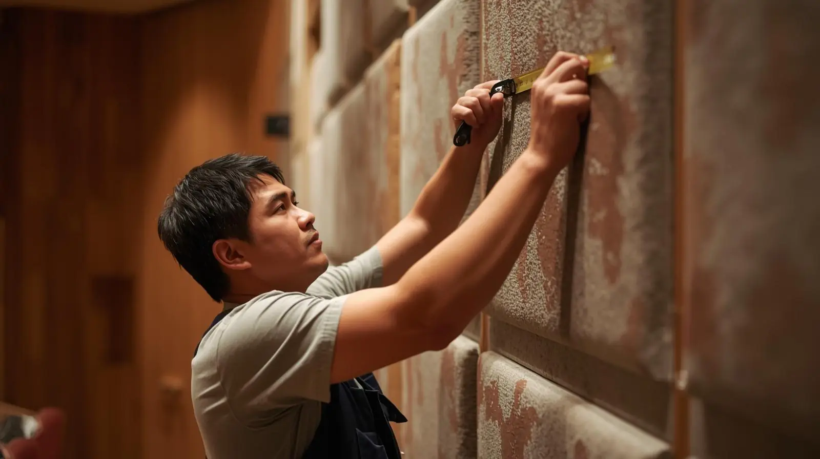 A technician or designer installing acoustic materials