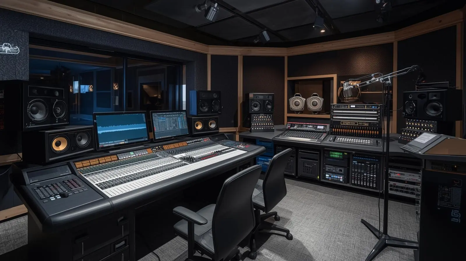 A high-tech auditorium control booth or AV rack setup, showing microphones, mixing console, monitors