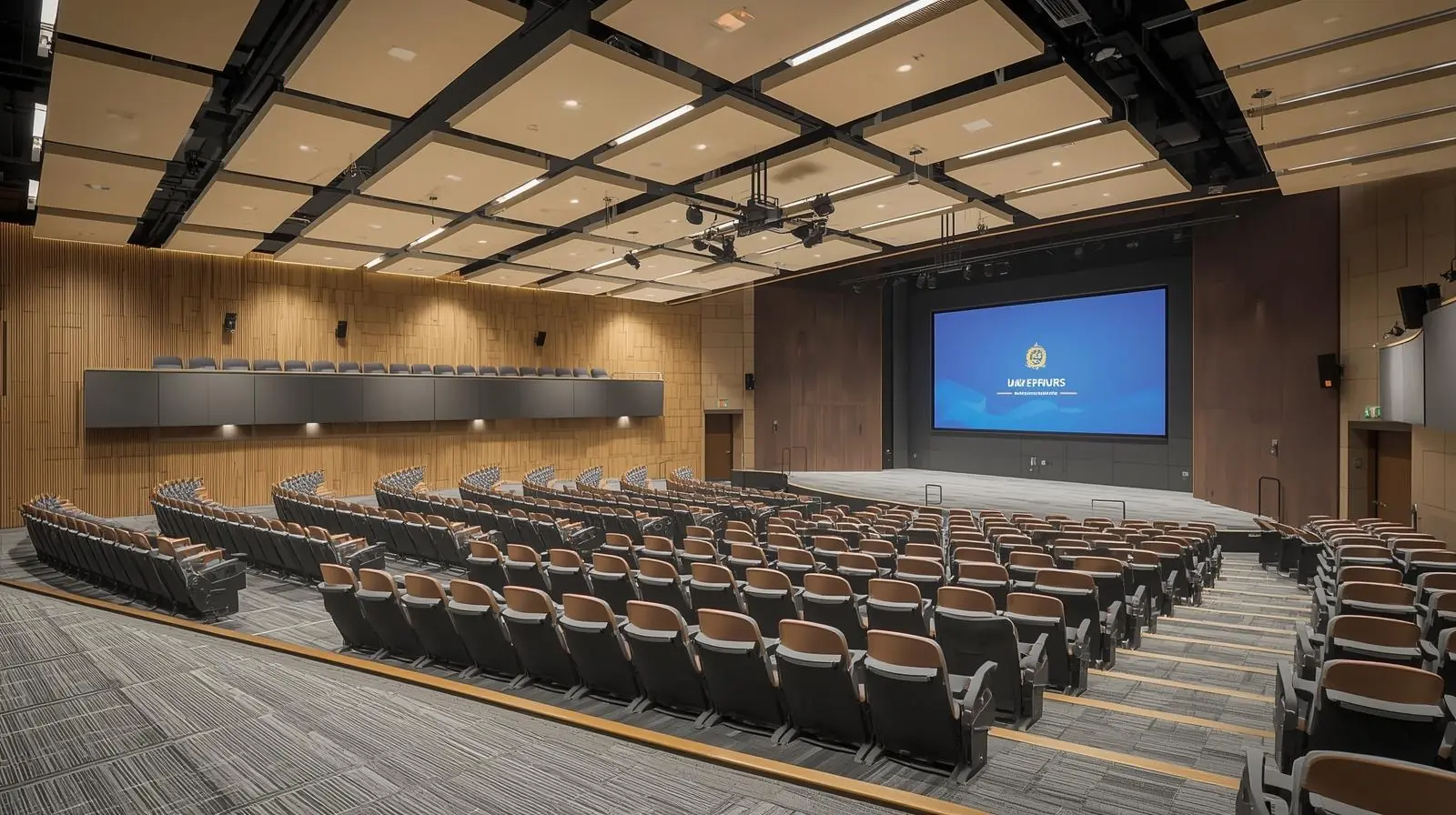 A modular or reconfigurable university auditorium, with movable seating or multi-use lighting