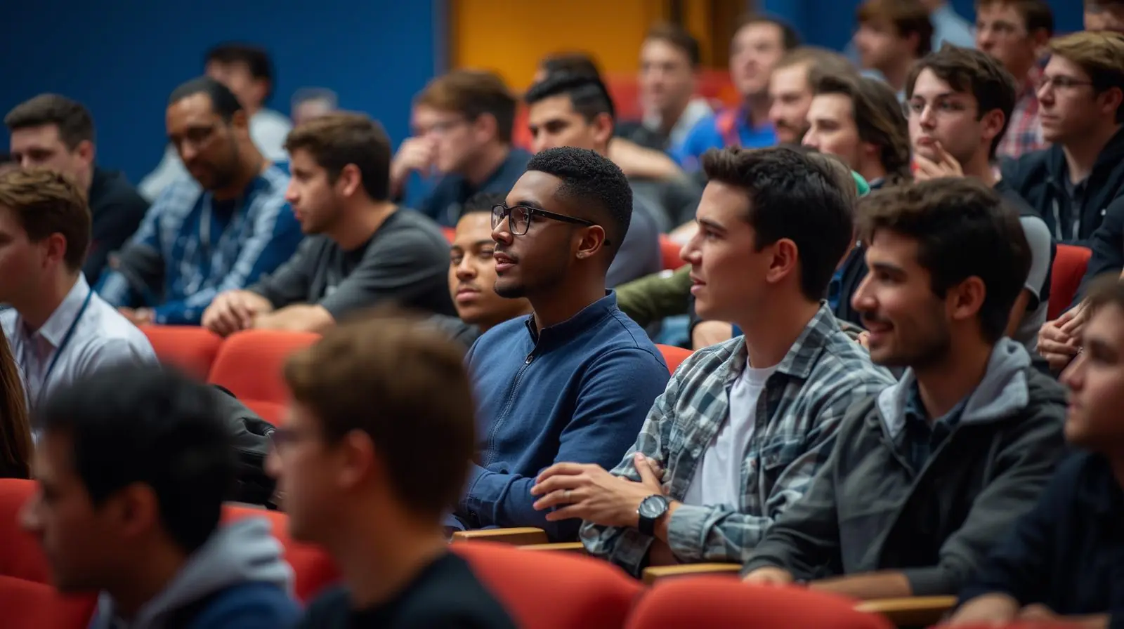 A diverse male students engaging in an auditorium, showcasing inclusivity and participation